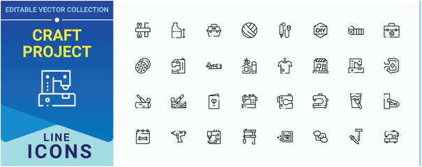 Craft Project icon set. Includes symbols for craft, hand-made,  crafts, creative, workshop and more. Diy icon set. Minimalist icons collection. Editable vector. Pixel perfect.