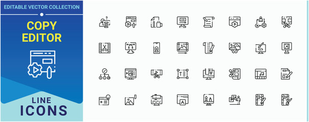 Copy Editor linear icon set. Included writer, modification, update, adjust, formatting, adjustable and more. Editor icon collection. Outline symbol collection. Vector illustration.