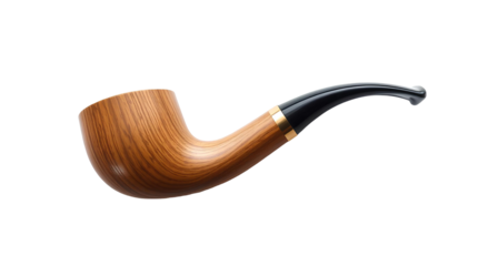 A classic and elegant wooden smoking pipe, with a curved bowl and black mouthpiece isolated on transparent background 