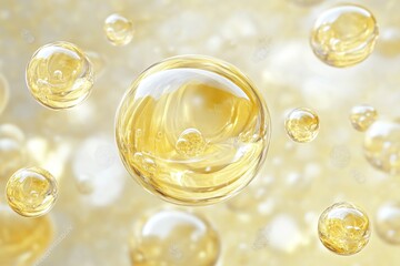 Golden, translucent spheres float in a soft, glowing backdrop.