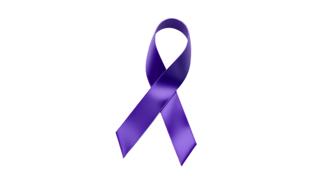 A singular lustrous purple ribbon, elegantly tied in a bow, serves as a potent symbol of solidarity and support. isolated on transparent background