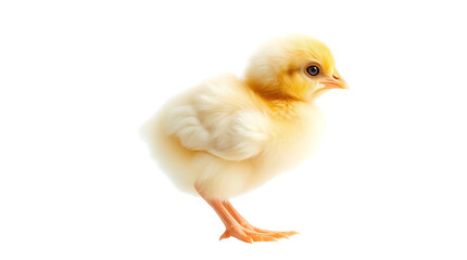 Obraz premium A fluffy yellow chick standing on a white background, looking to the right.