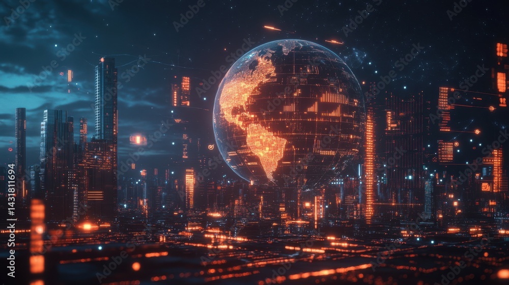 Poster a digital representation of the earth surrounded by data visuals and graphs in a futuristic financia