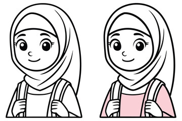 Cartoon Muslim Girl with Hijab and Backpack on White Background