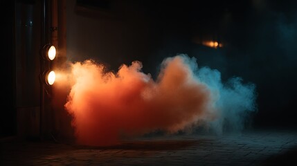 Obraz premium Smoky orange & blue cloud illuminated by spotlights in dark alley