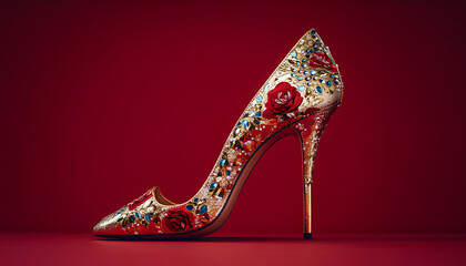 Obraz premium Beautiful high heeled shoes on crimson background