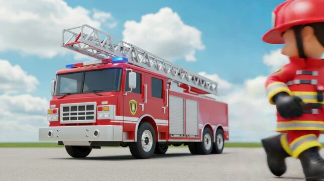 Cartoon firefighter standing proudly in front of fire truck