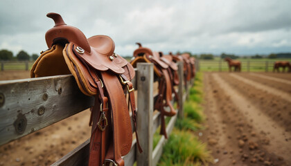 Worn leather saddles on rustic fence in ranch setting, equestrian lifestyle