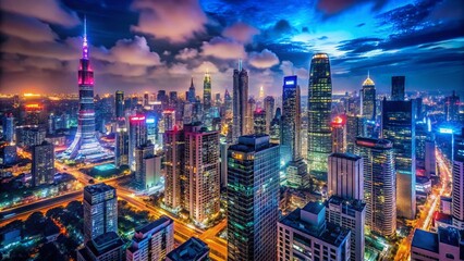 Obraz premium Panoramic Night View of City Skyline, Illuminated Buildings, Urban Escape