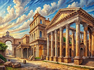 Obraz premium Panoramic Pencil Sketch: Roman Architecture, Ancient Ruins, Historical Building Design