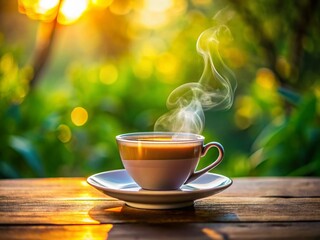 Obraz premium Panoramic Photo: Serene Teacup and Saucer, Warm Morning Light