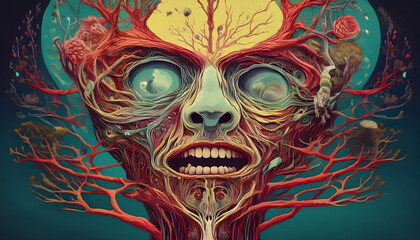Surreal Face Tree Art Abstract Colorful Roots Branches and Intricate Details