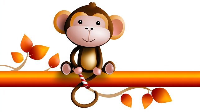 Cartoon Monkey Sitting on Branch with Leaves