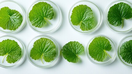 Petri dishes with fresh leaves