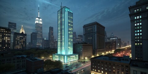 Fototapeta premium Nighttime Metropolis Skyscraper Architectural Rendering, High-Rise Design, Urban Scene, New York City skyscraper, architecture
