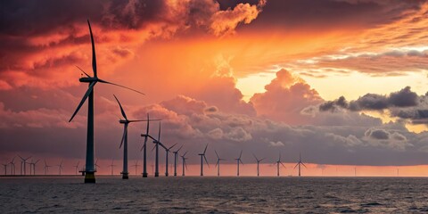 Obraz premium Offshore Wind Farm at Sunset Dramatic Composition of Silhouetted Turbines Against Fiery Sky, Renewable Energy, Clean Energy Renewable Energy, Offshore Wind