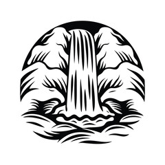 Waterfall Cascade Black Silhouette Isolated, River Flowing with Dense Plants, Circle Art