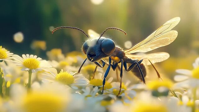 Close-up of a bee collecting pollen from vibrant daisies in a sunlit meadow