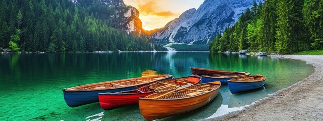 Obraz premium A serene lakeside scene with colorful boats at sunset surrounded by mountains and trees.
