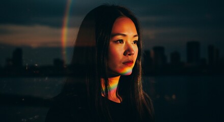 Asian woman with rainbow light on face, dark cityscape in background