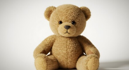 Obraz premium A fluffy brown teddy bear sitting upright against a plain white background in a studio setting