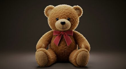 Obraz premium A teddy bear with a red bow tie sitting in front of a dark gray background in a studio setting