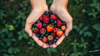 Cupped hands hold a generous portion of fresh mixed berries, including strawberries, blueberries, and raspberries, symbolizing healthy eating, abundance, nature, freshness, harvest, superfood, and the