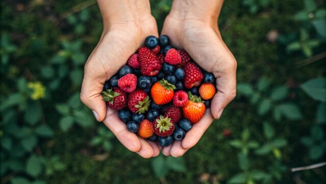 Cupped hands hold a generous portion of fresh mixed berries, including strawberries, blueberries, and raspberries, symbolizing healthy eating, abundance, nature, freshness, harvest, superfood, and the