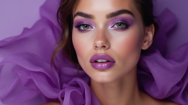 Beautiful brunette woman with purple makeup on purple flowing fabric background