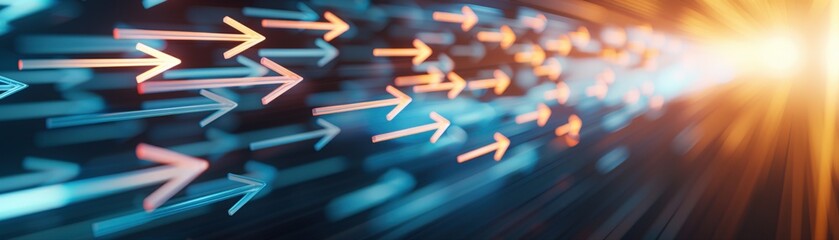 A vibrant abstract image featuring dynamic arrows representing movement and speed, illuminated by a bright light in the background.