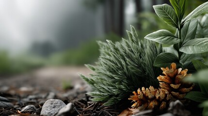 Obraz premium Misty Forest Floor Close-Up of Pine Cones and Lush Greenery