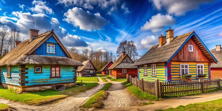 Panoramic View of Traditional Kurpie Houses, Nowogrod, Poland - March 2024