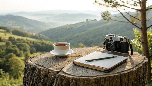 Against a backdrop of rolling green hills and distant mountains, a rustic tree stump table with a vintage camera, notebook, and cup is prominent, showcasing elements of creativity and natural beauty, 