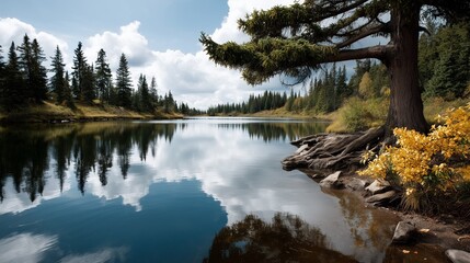 Serene Autumn Lake Reflection Majestic Pine Tree by Calm Water