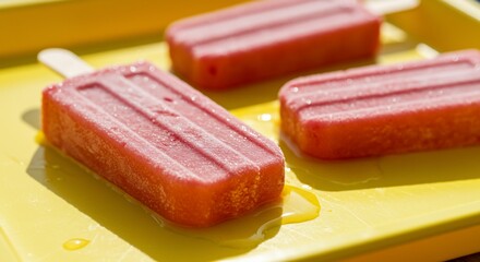 Three refreshing fruit popsicles on a bright yellow tray melt in sunlight