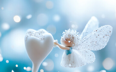 Fototapeta premium Beautiful Tooth Fairy Angle Doll in acting with tooth brush, illustrate Motivation for children about oral hygiene concept, dental advertising