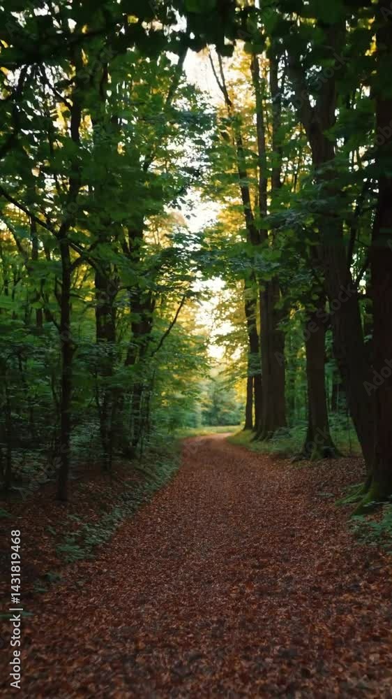 Poster leaf covered path winding through a forest with sunlight shining through trees