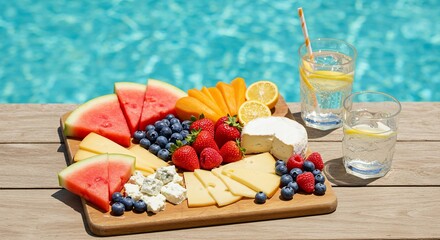 Poolside summer refreshments: fruit, cheese, and sparkling lemon water.