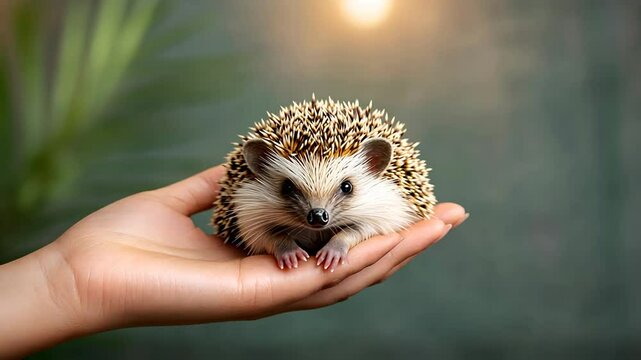 Adorable hedgehog nestled in a gentle hand