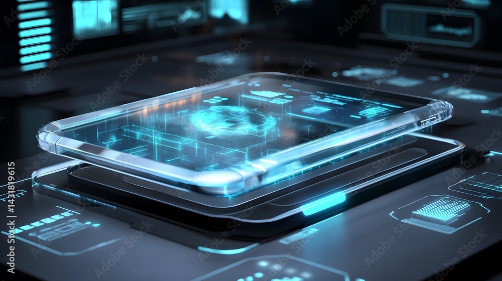 Poster futuristic transparent smartphone displaying holographic data, including a digital globe. advanced t