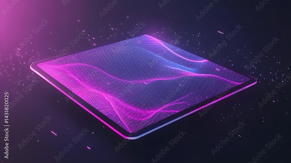 Poster a futuristic tablet displays vibrant, flowing data visualizations in shades of pink and blue. glowin
