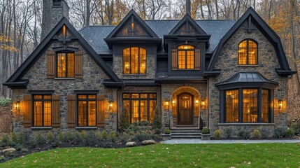 Luxury Stone Mansion at Dusk: A Majestic Home in the Woods
