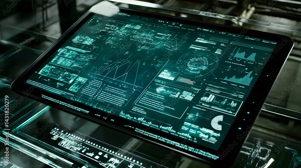 Poster a futuristic tablet displays complex data visualizations, graphs, and charts in teal. the sleek devi