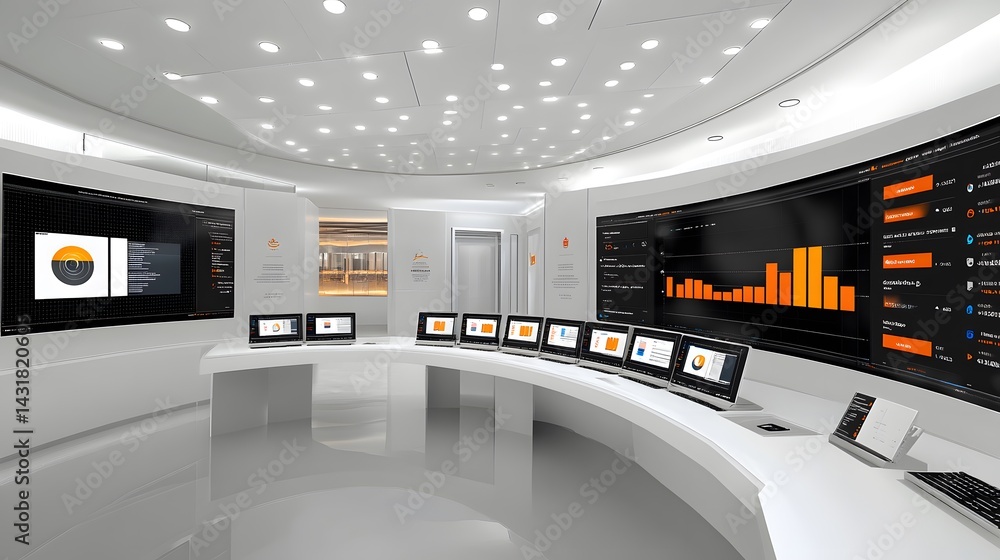 Poster modern, minimalist control room with curved monitors displaying data visualizations and graphs. mult