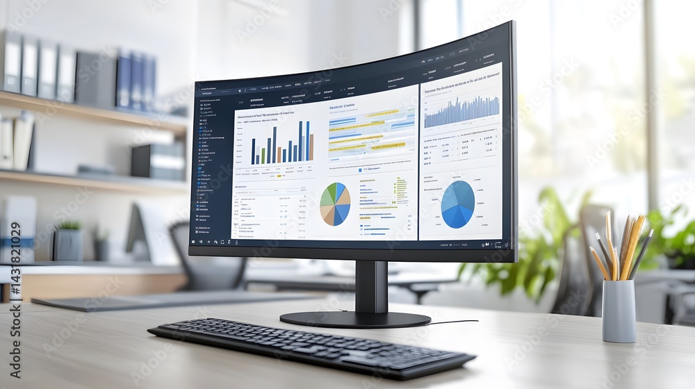 Aufkleber modern curved monitor displaying various business charts and graphs sits on a desk with keyboard in 