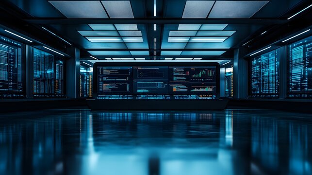 Futuristic server room with large screens displaying data streams and code. Sleek, dark design with reflective floors.  Modern technology and digital information concept.