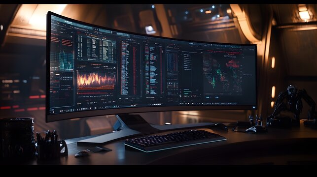 A futuristic curved monitor displays complex data, graphs, and code.  The sleek setup includes a mechanical keyboard and mouse on a dark desk in a dimly lit, high-tech environment. - Powered by Adobe