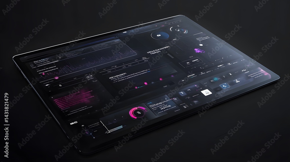 Poster a sleek dark tablet displays a futuristic user interface with interactive data visualizations, chart