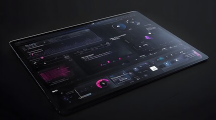 A sleek dark tablet displays a futuristic user interface with interactive data visualizations, charts, and graphs. Perfect for technology, AI, and data analysis concepts.