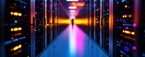 A futuristic data center corridor illuminated by colorful lights, showcasing rows of servers and technology in a sleek, modern environment.